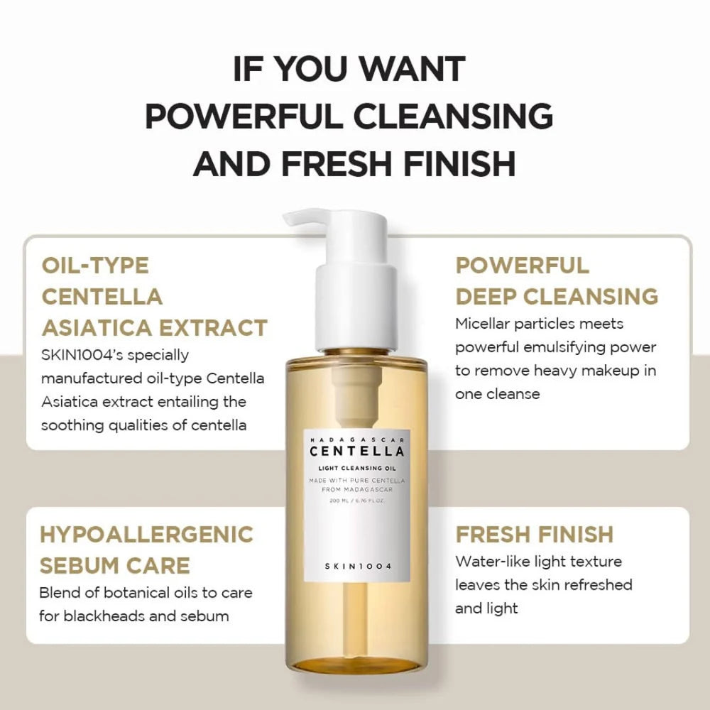 SKIN1004 Centella Asiatica extract cleansing oil with product details on a beige background