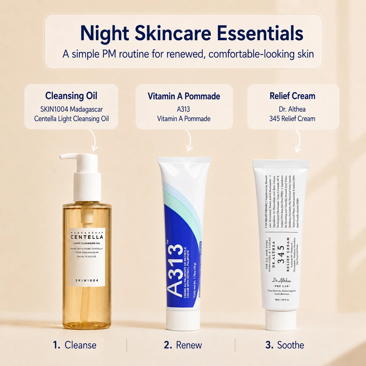 Three skincare products with labels on a beige background