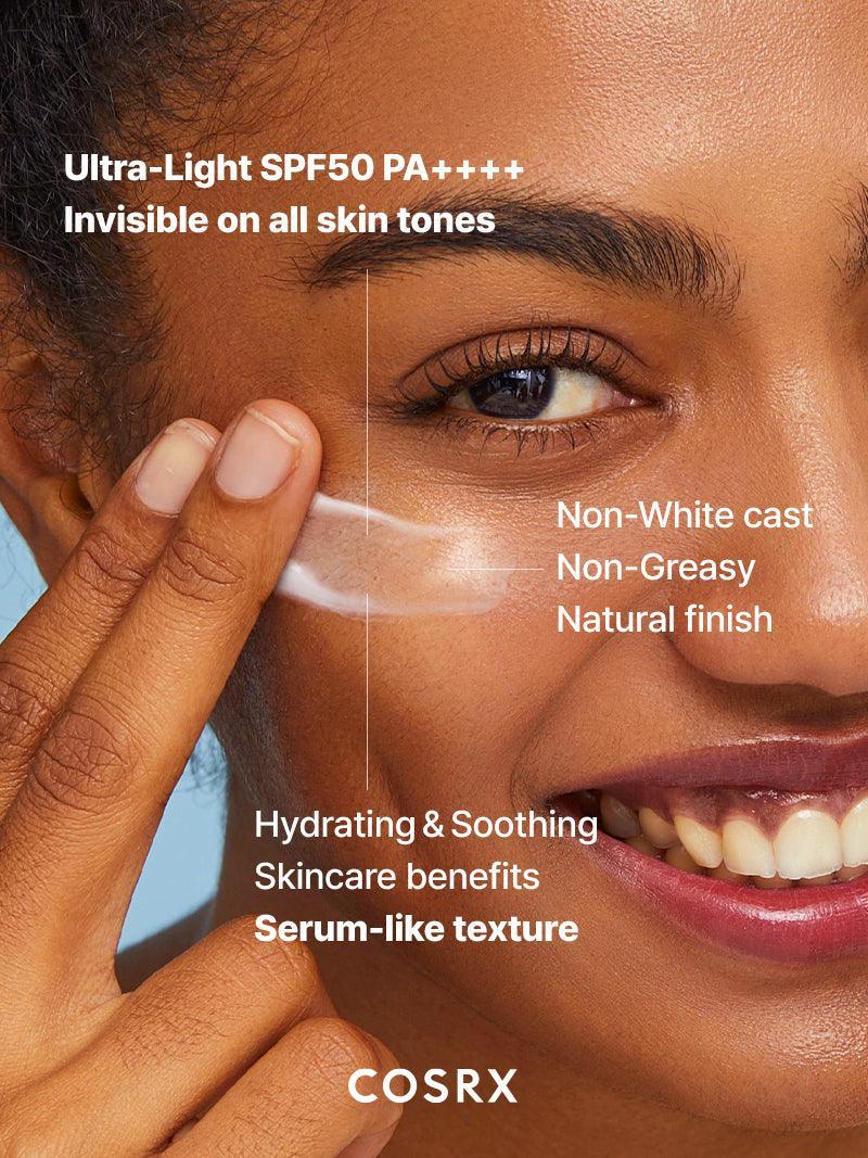 Woman applying skincare product with text about product features and COSRX branding.