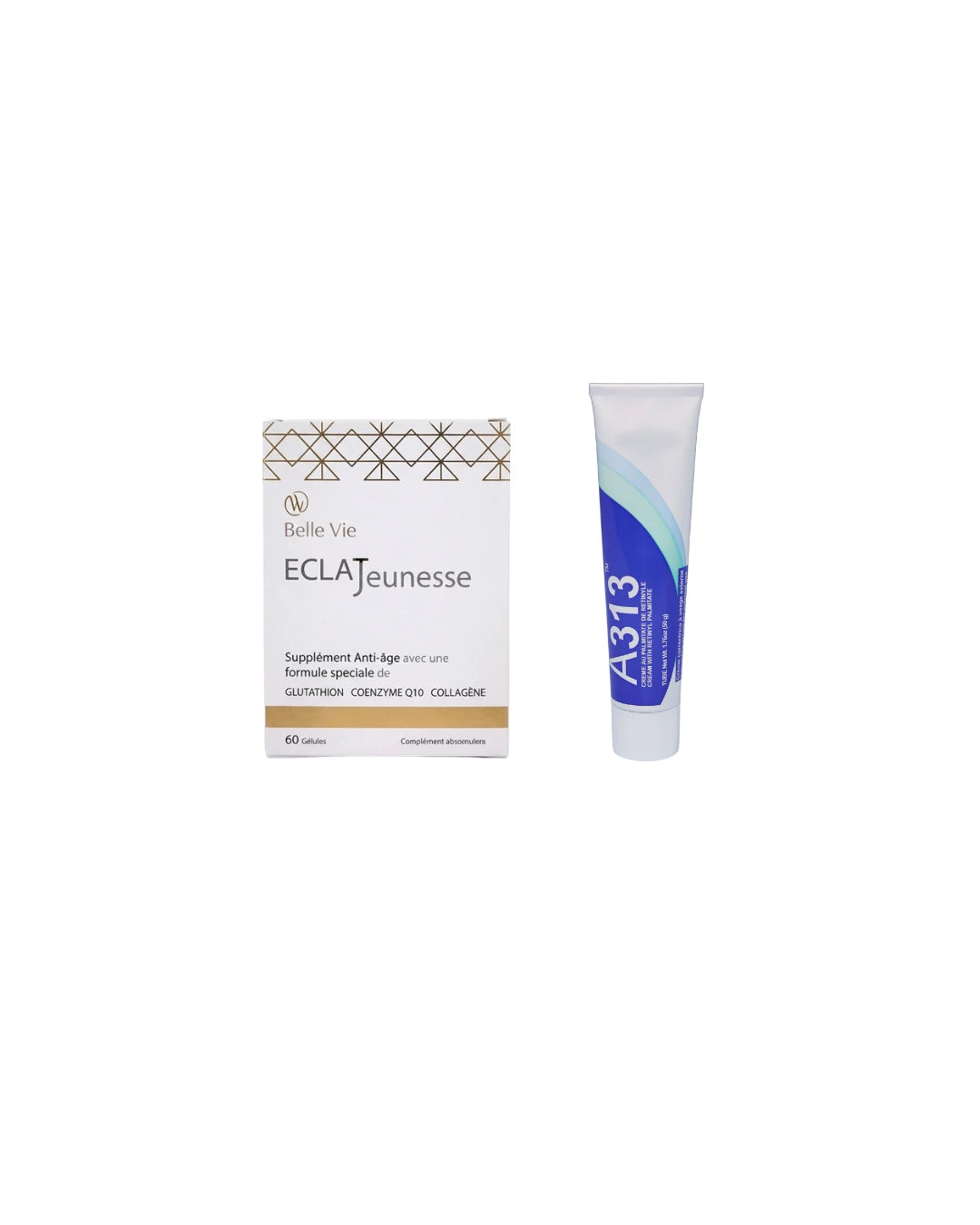 Bottle of ECLAJeunesse supplement and tube of A313 cream on a white background