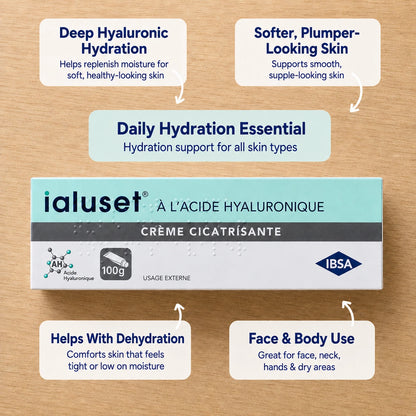 Ialuset cream packaging with text on a wooden background