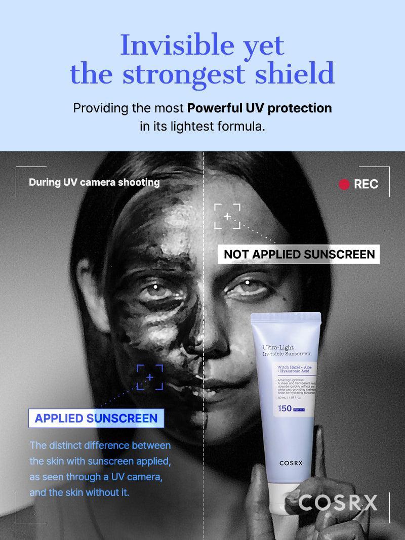 Cosrx sunscreen product with a split-screen showing UV camera results before and after application.