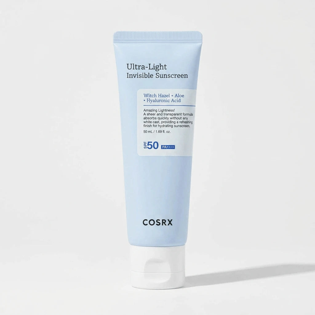 Cosrx ultra-light invisible sunscreen tube on a light gray background