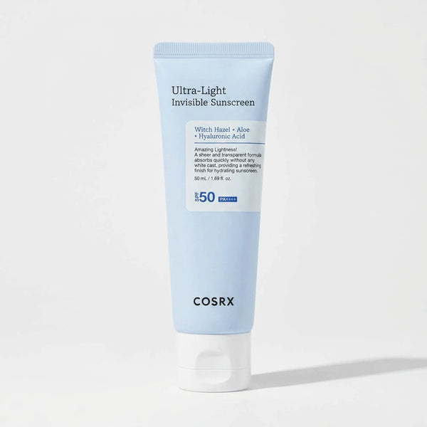 Cosrx ultra-light invisible sunscreen tube on a light gray background